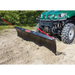 Green UTV fitted with black 62-inch Swisher angle plow pushing loose soil with red positioning rods, gallery position 1