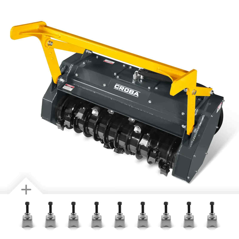 Front angle view of Croba forestry mulcher attachment with yellow mounting frame and cutting drum gallery position 1