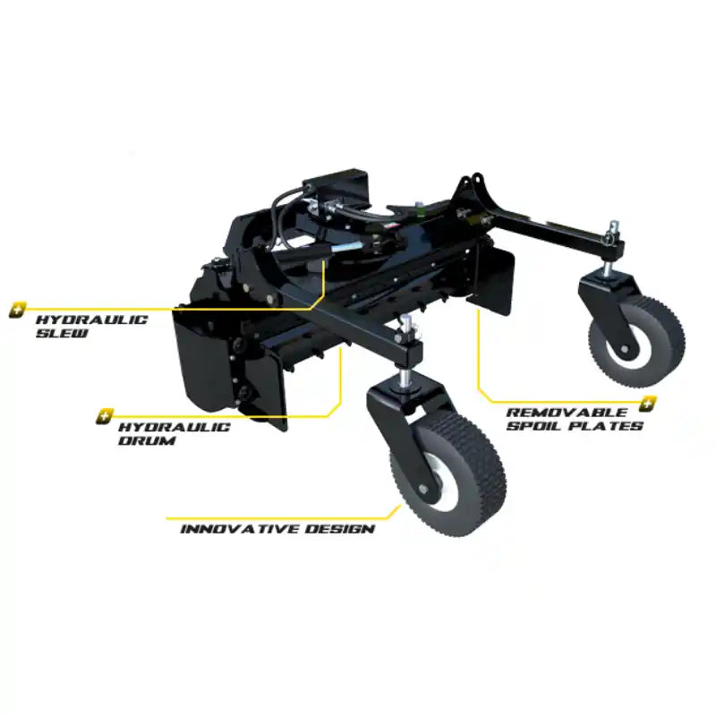 Angled view of black soil conditioner attachment with two large tires, hydraulic components, and removable spoil plates