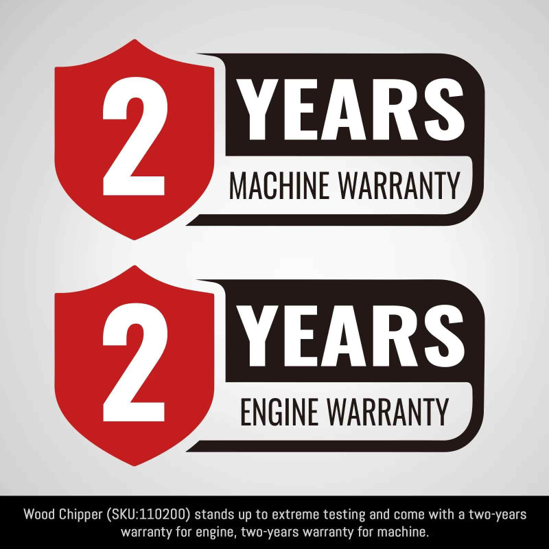 Graphic showing two-year machine warranty and two-year engine warranty for MechMaxx wood chipper gallery position 1