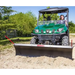 Green UTV equipped with Swisher 62-inch plow blade pushing dirt with attached red guide rods, gallery position 1