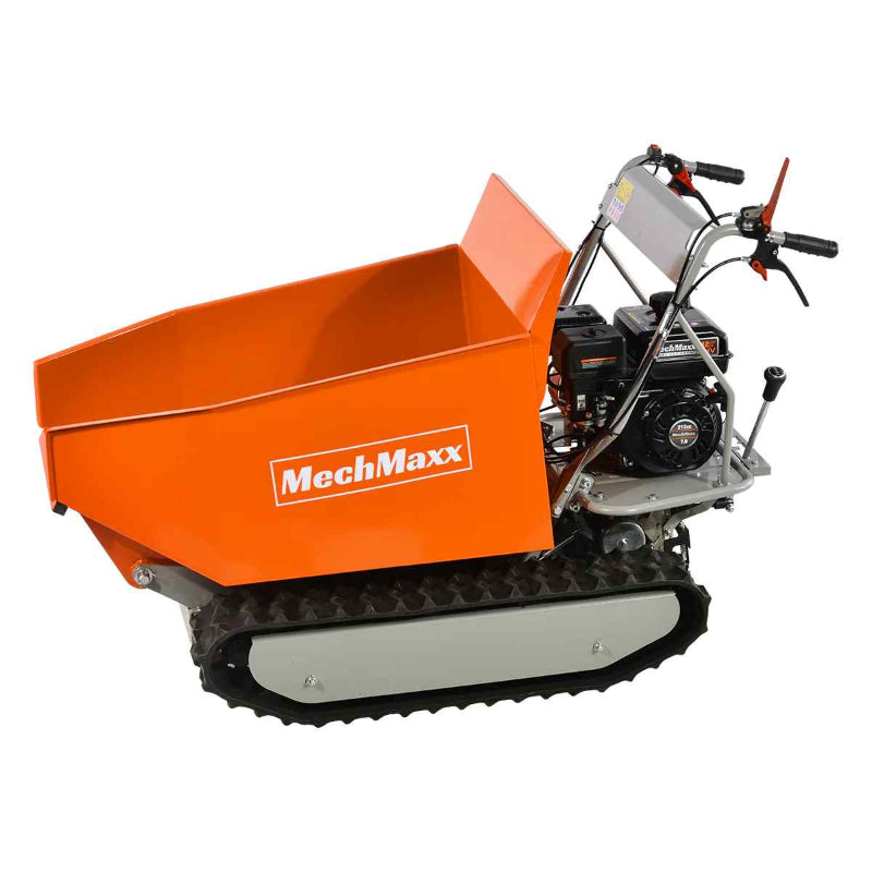 Right side view of orange MechMaxx D50MA gas engine track mini dumper with empty bucket, gallery position 1