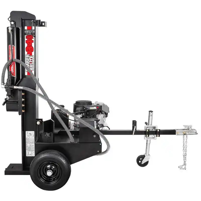 Side view of Swisher 34-Ton Timber Brute 14.5 HP log splitter with tow hitch, engine, and hydraulic hoses, gallery position 1