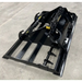 Back right angle view of black steel skid steer land plane attachment with hydraulic arms on concrete floor