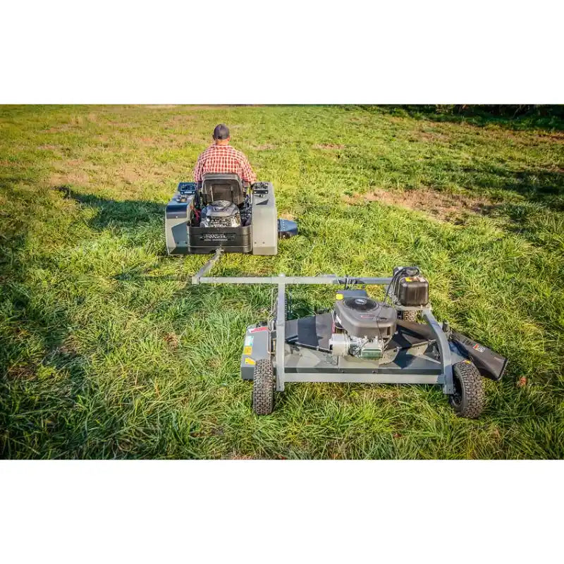 Swisher 60-inch finish cut mower with 15.5HP engine attached to rider mower, viewed from rear, gallery position 1