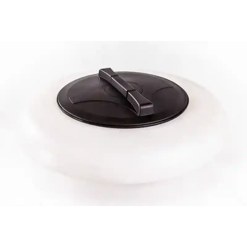 Black plastic lid with integrated handle on white hopper of Swisher 52-Gallon Tow-Behind Spreader, gallery position 1