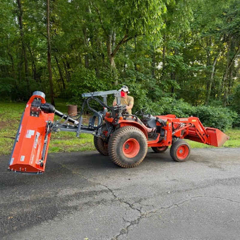 rear angled view of orange MechMaxx 48-inch standard 3 point offset flail ditch bank mower lifted on tractor, gallery position 1