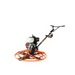 Walk-behind concrete power trowel with orange cage, white engine, black handlebar, and black blades on white background