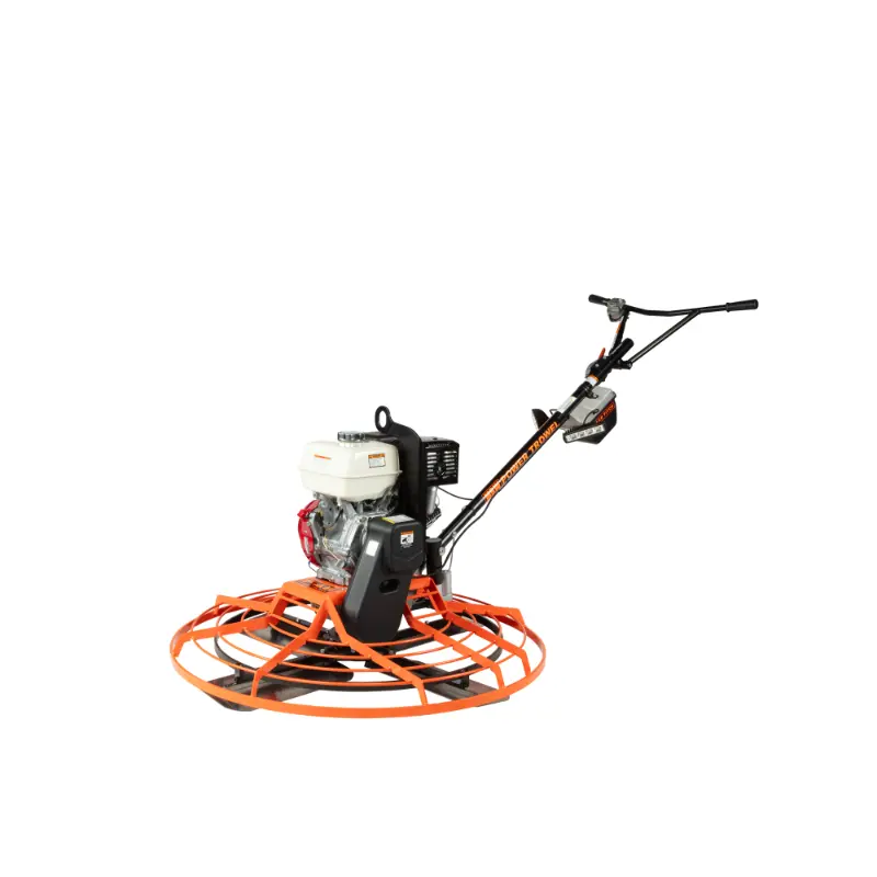 Walk-behind concrete power trowel with orange cage, white engine, black handlebar, and black blades on white background