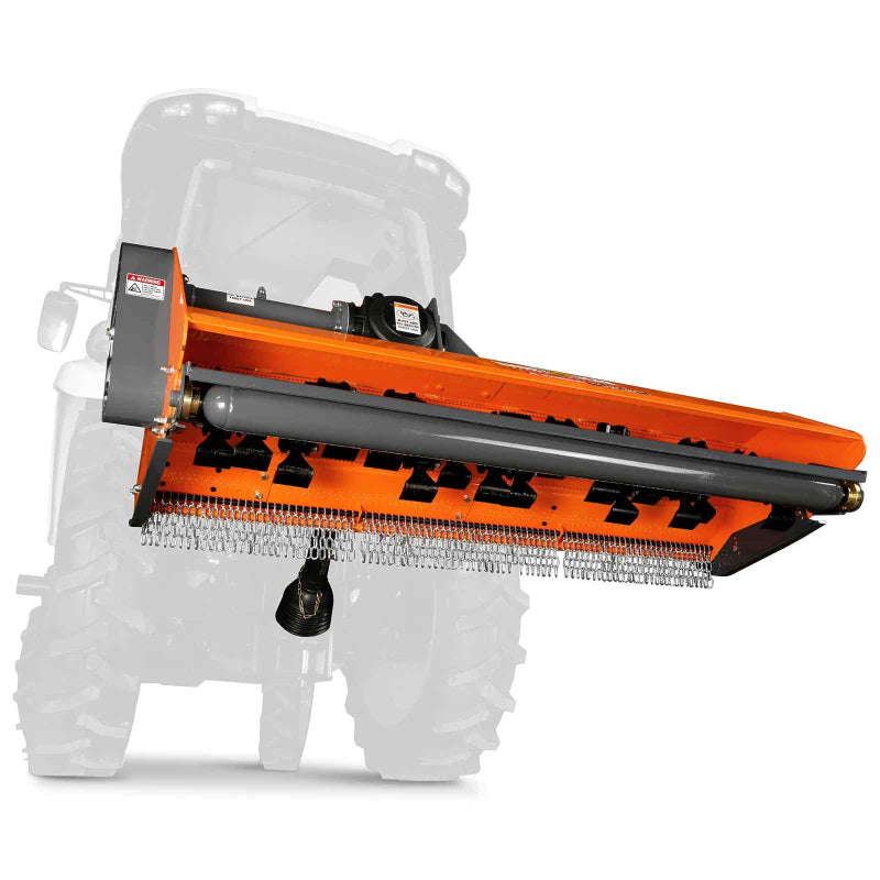 Front angled view of orange MechMaxx 72-inch PTO flail mower showing chain guard and rotor, gallery position 1