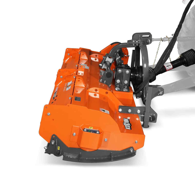 angled left-front view of orange MechMaxx 78-inch PTO flail mower with gearbox and hydraulic side shift at gallery position 1