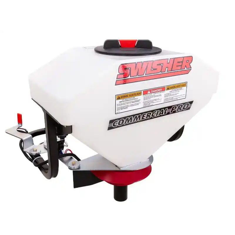 White triangular hopper with red Swisher logo and metal mounting bracket for ATV salt spreader, gallery position 1