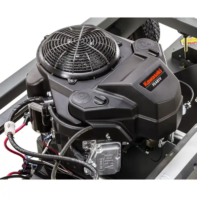 Close-up of Kawasaki FS481V engine unit mounted on Swisher 66-inch finish mower frame, gallery position 1