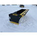 Black and yellow skid steer snow pusher attachment resting on a snow-covered surface with visible cutting edge bolts