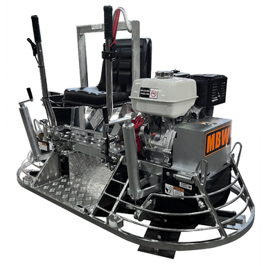 Ride-on power trowel with padded operator seat, dual joysticks, white engine, and metal frame viewed from front-left angle