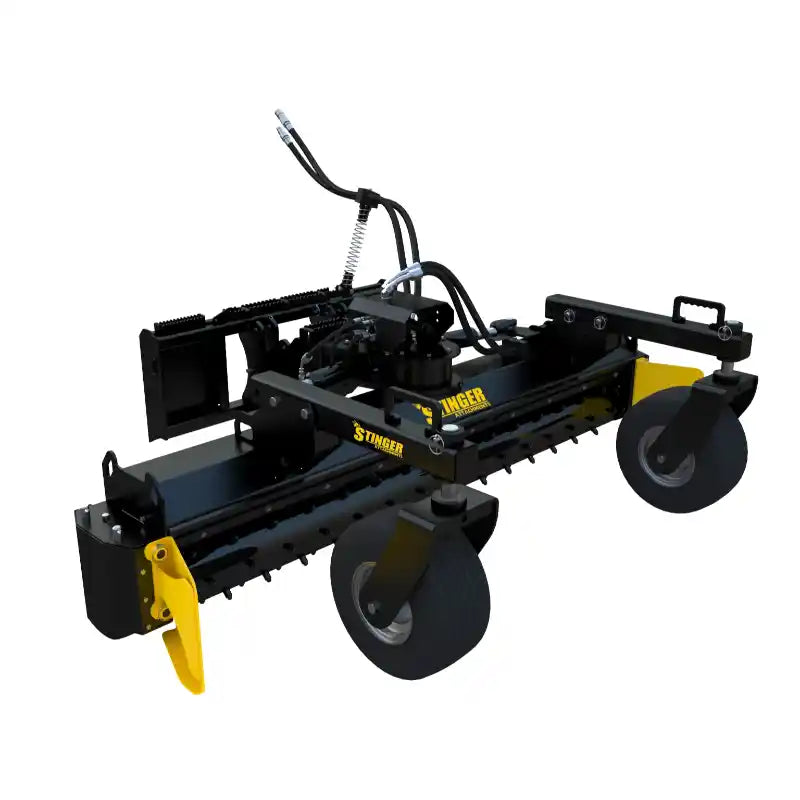 Black and yellow soil conditioning attachment with hydraulic hoses, rear roller, and adjustable frame on white background