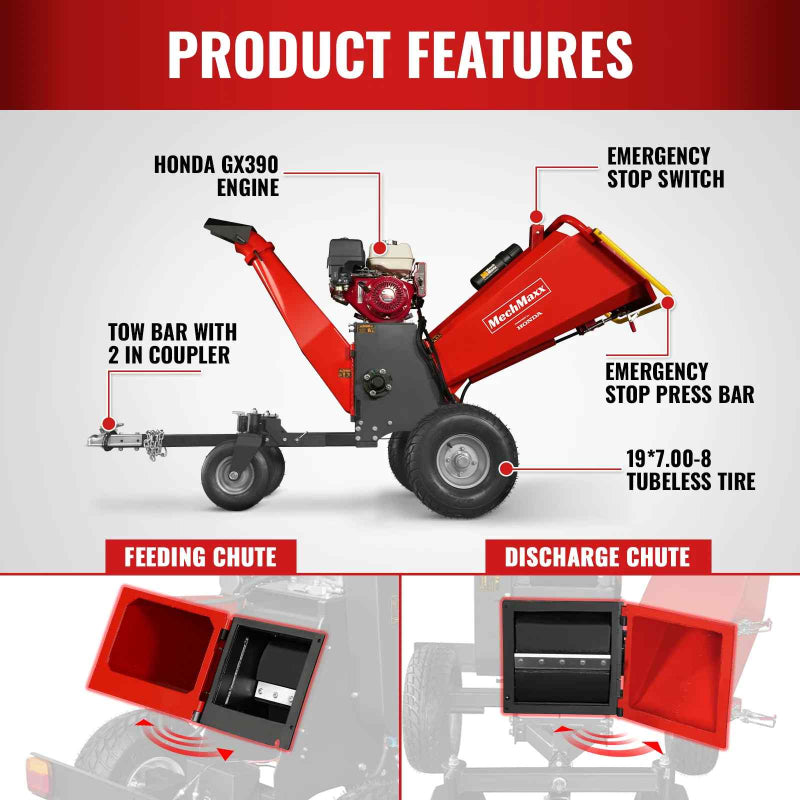 Side view of MechMaxx 6 inch Honda GX390 gas-powered drum wood chipper with labeled emergency stops and tow bar, gallery position 1