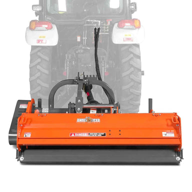 front view of orange MechMaxx 63-inch PTO flail mower with hydraulic side shift at gallery position 1