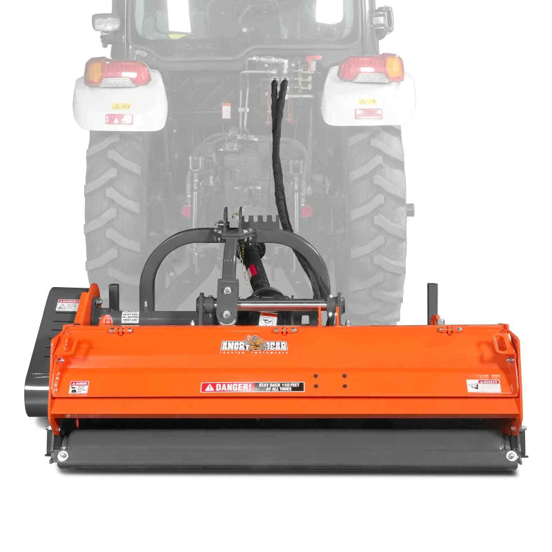 front view of orange MechMaxx 63-inch PTO flail mower with hydraulic side shift at gallery position 1