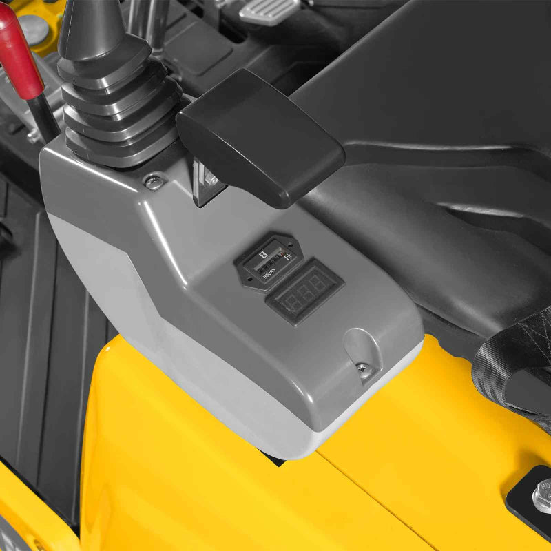 close-up of operator armrest, control panel, and seat on yellow MechMaxx MEC10 mini excavator gallery position 1