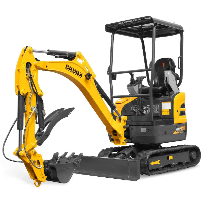left side view of yellow MechMaxx MEC17PRO mini excavator with open canopy, Kubota engine, and extended arm gallery position 1