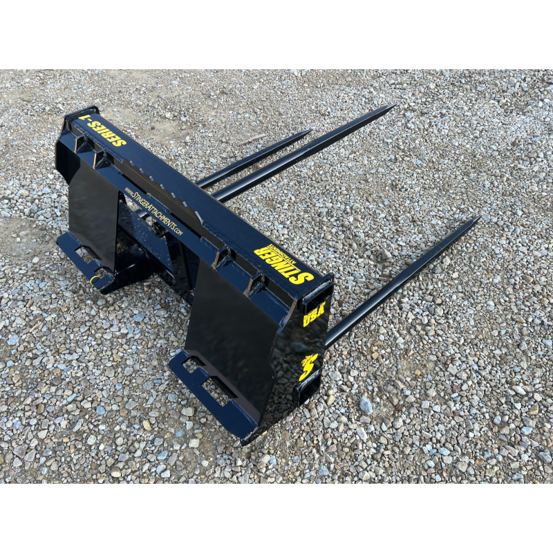 Stinger Attachments BS1 Series 1 Skid Steer Bale Spear with three large 49” spears on gravel, square image, gallery position 6