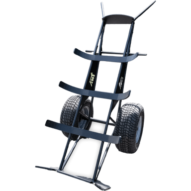 Black steel log dolly with wide pneumatic tires and three horizontal support straps on curved frame