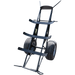 Black steel log dolly with wide pneumatic tires and three horizontal support straps on curved frame