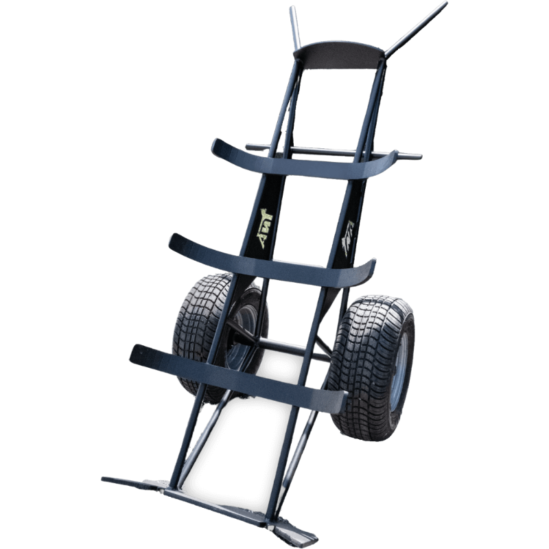 Black steel log dolly with wide pneumatic tires and three horizontal support straps on curved frame
