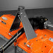 Close-up angled view of orange MechMaxx 72-inch PTO driven flail mower showing driveline and hitch mount, gallery position 1