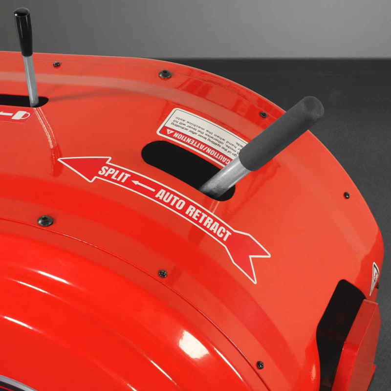close-up of control lever with split and auto retract label on red MechMaxx 34 ton kinetic fast log splitter at gallery position 1