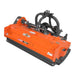 angled right front view of orange MechMaxx 63-inch PTO flail mower with hydraulic side shift at gallery position 1