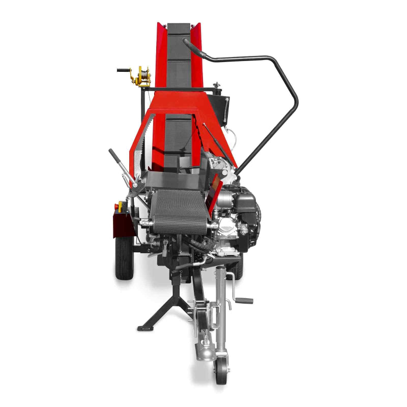 Front view of MechMaxx firewood log splitter processor featuring red frame, conveyor belt, and Zonsen GB460 engine gallery position 1