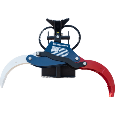 Mini grapple attachment with offset curved steel claws painted white and red, mounted on blue bracket with hydraulic hose loops