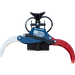 Mini grapple attachment with offset curved steel claws painted white and red, mounted on blue bracket with hydraulic hose loops