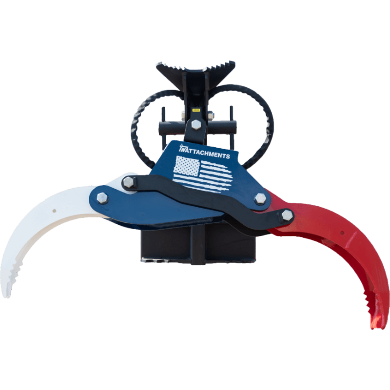 Mini grapple attachment with offset curved steel claws painted white and red, mounted on blue bracket with hydraulic hose loops
