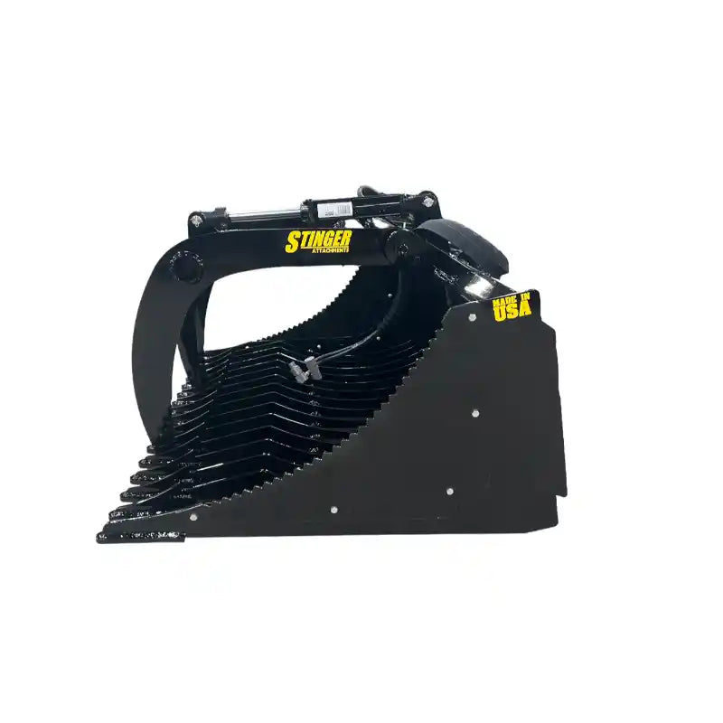 Black steel tractor rock grapple with serrated curved tines, hydraulic cylinders, and reinforced frame on white background