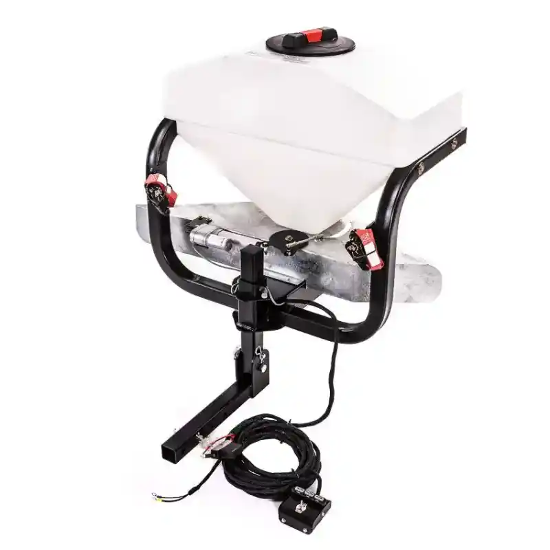 Swisher truck spreader with white poly hopper, black metal frame, wired remote, and wiring harness, gallery position 1