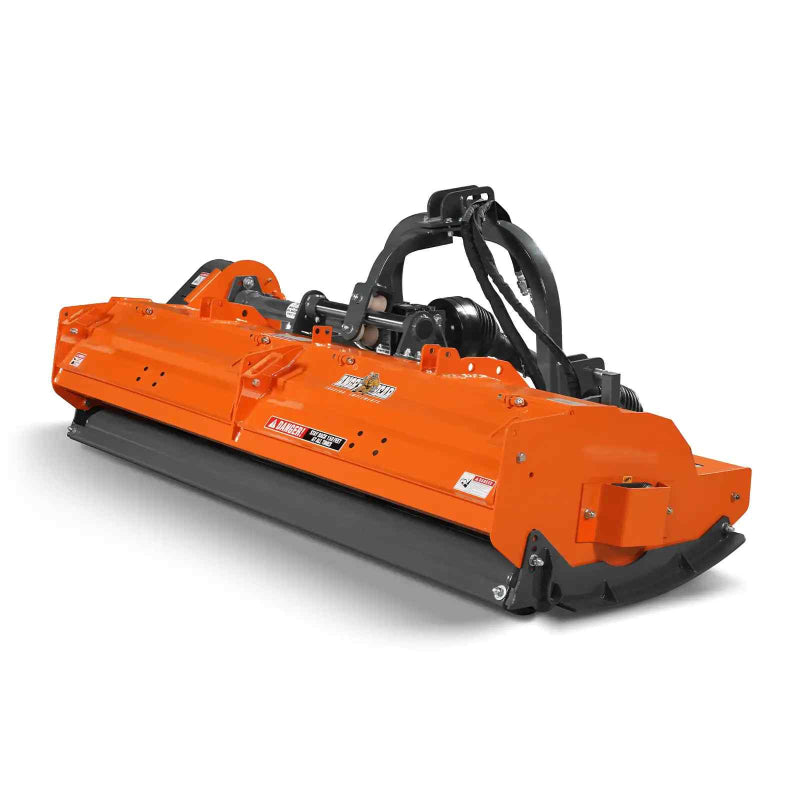 angled front-right view of orange MechMaxx 87-inch PTO flail mower with three-point hitch at gallery position 1