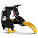 angled view of black and yellow MechMaxx hydraulic rotating log grapple with hydraulic hoses at gallery position 1