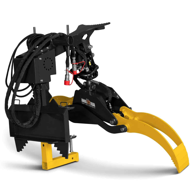 angled view of black and yellow MechMaxx hydraulic rotating log grapple with hydraulic hoses at gallery position 1