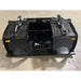 Black steel demolition grapple bucket attachment with dual hydraulic cylinders and hoses on concrete floor indoors