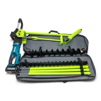 MiniTrencher SB216e electric horizontal drill with Makita 40V motor, auger bit, extension rods, and soft carrying case gallery 1