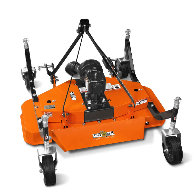 angled front view of orange MechMaxx 48-inch PTO finishing mower showing frame and caster wheels gallery 1