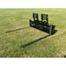 Black steel skid steer pallet fork attachment with reinforced backrest and two long forks resting on grass