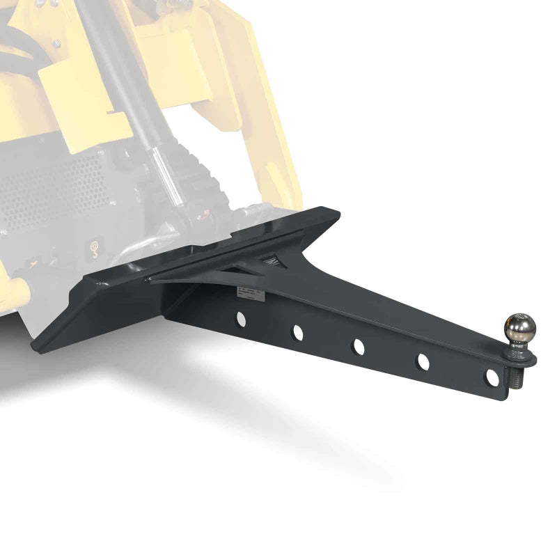 angled side view of MechMaxx 36-inch boom length mini skid steer lifting jib with 2-inch hitch ball gallery 1