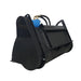 Black hydraulic bucket attachment with blue motor, twin hoses, angled side plates, and front cutting edge