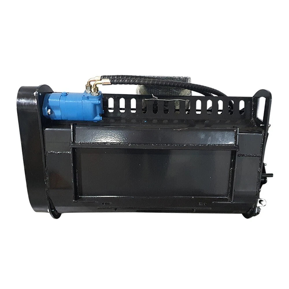 Black hydraulic attachment with blue motor, hydraulic hose, protective grille, enclosed body, and side plates