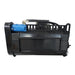 Black hydraulic attachment with blue motor, hydraulic hose, protective grille, enclosed body, and side plates