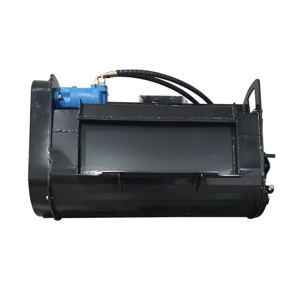 Black cylindrical hydraulic attachment with blue motor, twin hoses, enclosed housing, and side mounting brackets